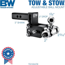 Load image into Gallery viewer, B&W Trailer Hitches Tow & Stow Adjustable Trailer Hitch Ball Mount - Fits 2" Receiver, Tri-Ball (1-7/8" x 2" x 2-5/16"), 3" Drop, 10,000 GTW - TS10047B